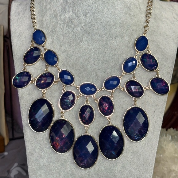 Etc. Navy Blue Faceted Cabochon Bib Statement Necklace Adjustable‎ - Picture 1 of 5